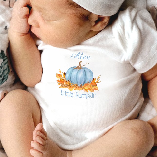 Little Pumpkin Fall Baby Bodysuit Name Strampler (Little Pumpkin Blue Fall Boy Personalized baby bodysuit)
