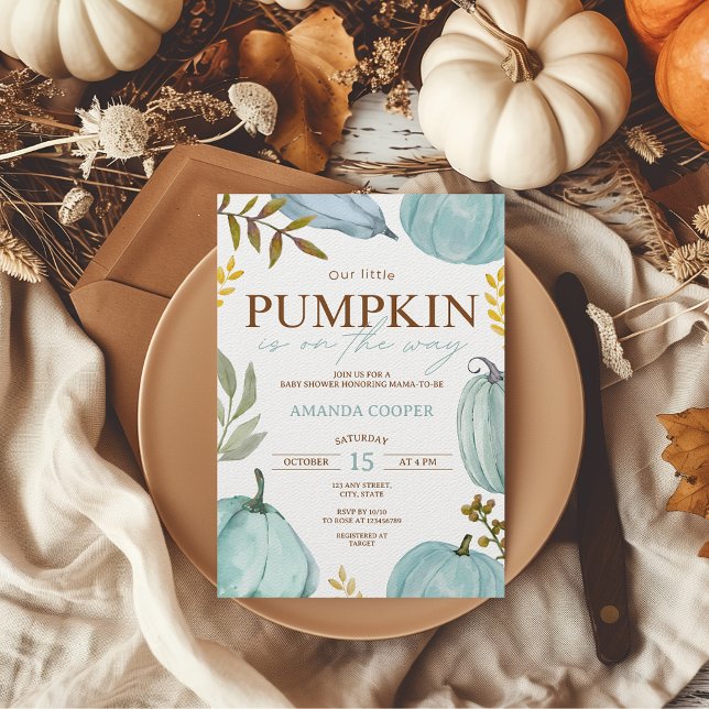 Little Pumpkin Fall Blue Boy Baby Dusche Einladung (Out little pumpkin is on the way baby shower invitation boy)