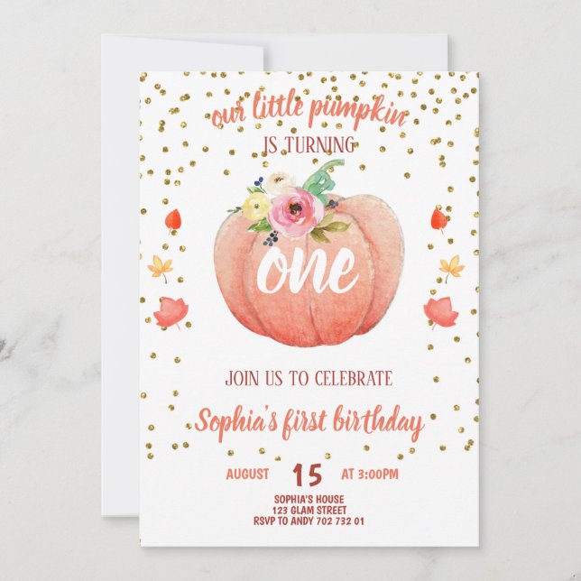 Little Pumpkin Fall First Birthday Girl Gold Einladung (Vorderseite)