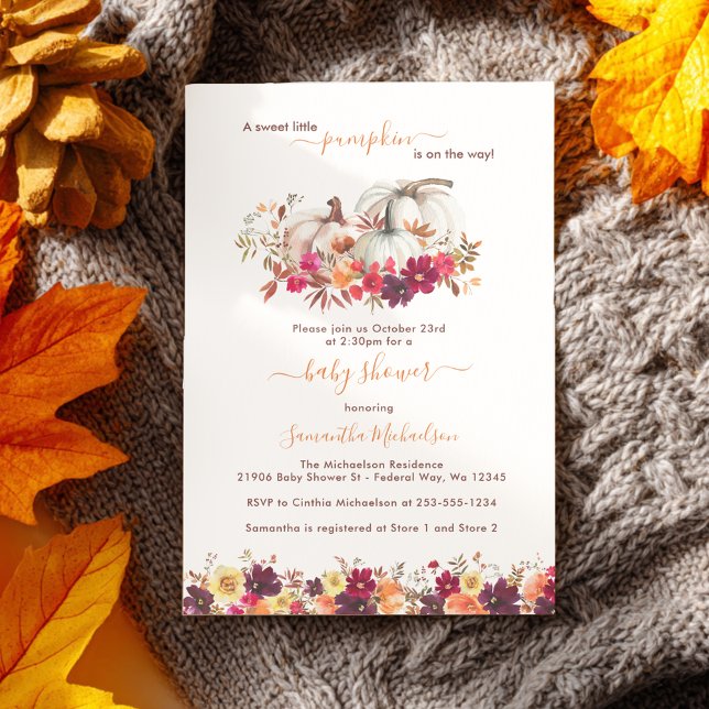 Little Pumpkin Fall Floral Baby Dusche Einladung (Little Pumpkin Fall Floral Baby Shower Invitation)