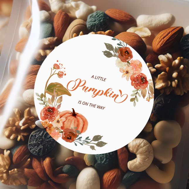 Little Pumpkin Fall Floral Baby Dusche Runder Aufkleber (Von Creator hochgeladen)