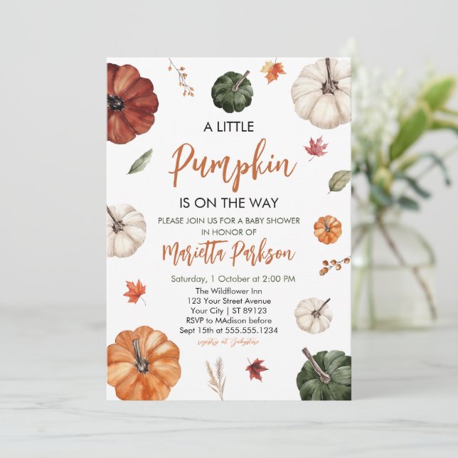 Little Pumpkin Fall Gender Neutral Baby Shower Inv Einladung (Stehend Vorderseite)