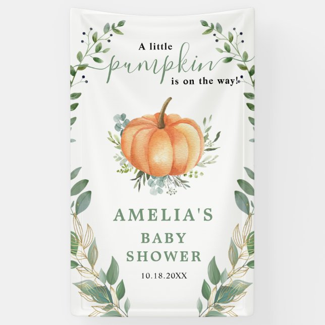 Little Pumpkin Fall Greenery Gold Baby Dusche Banner (Vertikal)