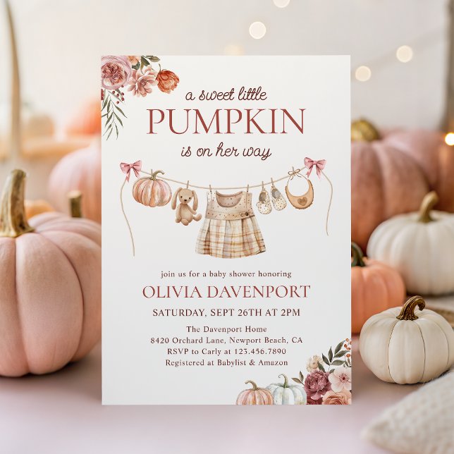 Little Pumpkin Fall Pink Floral Girl Babydusche Einladung (Von Creator hochgeladen)