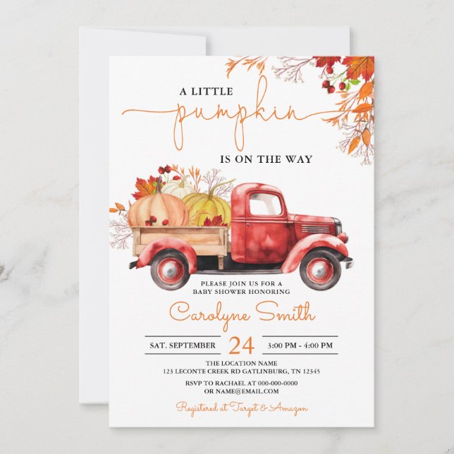 Little Pumpkin Fall Red Truck Baby Dusche Einladung (Vorderseite)