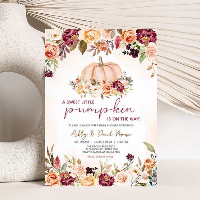 Little Pumpkin Floral Burgundy Baby Shower Einladung (Burgundy Floral Baby Shower Invitation )