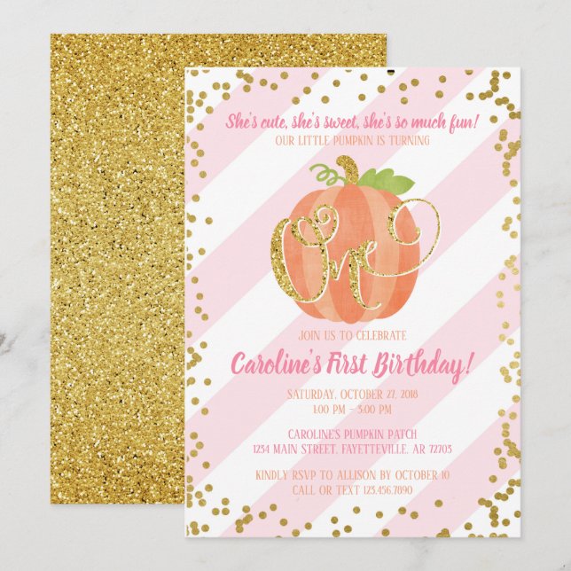 Little Pumpkin Geburtstag Einladung Rosa und Gold (Vorne/Hinten)