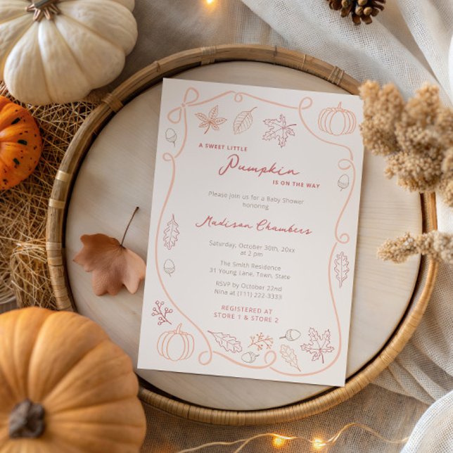 Little Pumpkin Gender Neutral Fall Baby Shower Einladung (Gender Neutral Sweet Little Pumpkin baby shower invitation with hand drawn icons & handwritten font)