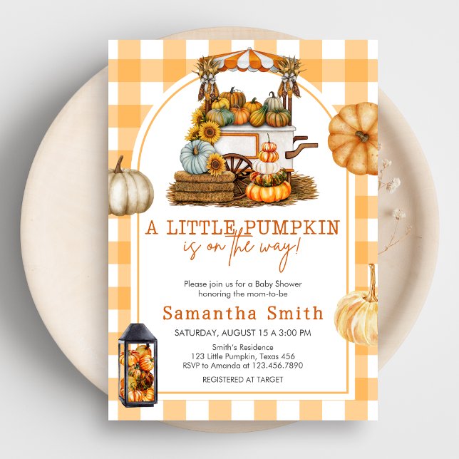 Little Pumpkin Gingham Baby Shower Einladung (A Little Pumpkin Baby Shower Invitation)