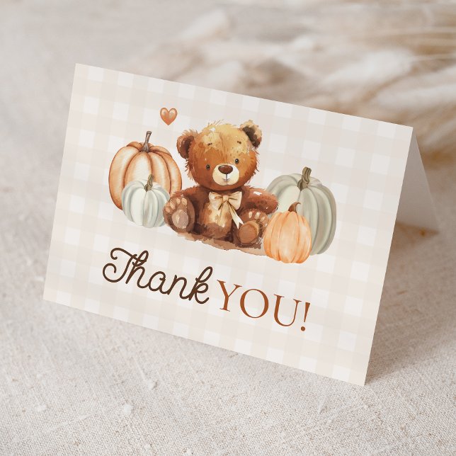 Little Pumpkin Gingham Teddy Bear Fall Baby Shower Dankeskarte (Von Creator hochgeladen)