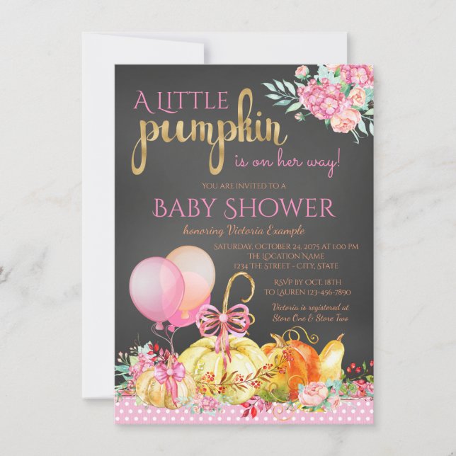 Little Pumpkin Girls Chalkboard Fall Baby Dusche Einladung (Vorderseite)