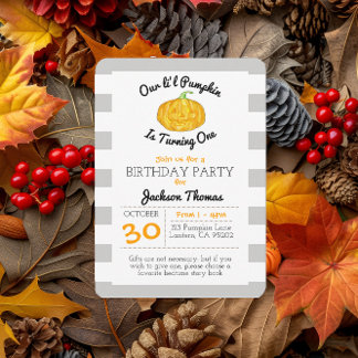 Little Pumpkin Gray Stripe Kind Geburtstag Klein Einladung