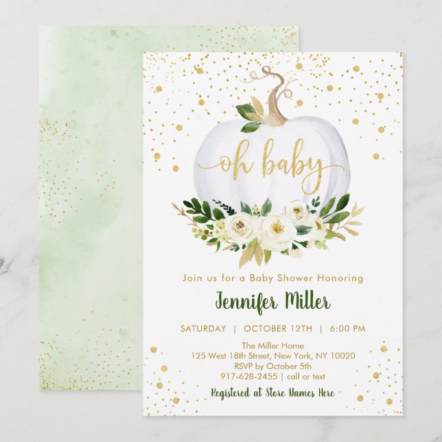 Little Pumpkin Greenery Gold Baby Shower Einladung (Vorne/Hinten)