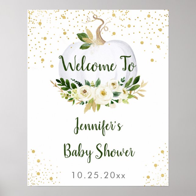 Little Pumpkin Greenery Gold Baby Shower Welcome Poster (Vorne)