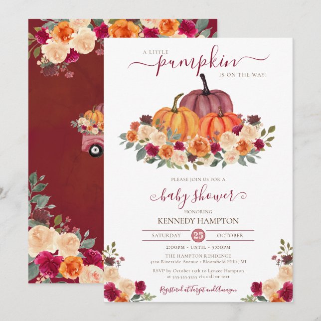 Little Pumpkin Herbst Floral Fall Baby Dusche Einladung (Vorne/Hinten)