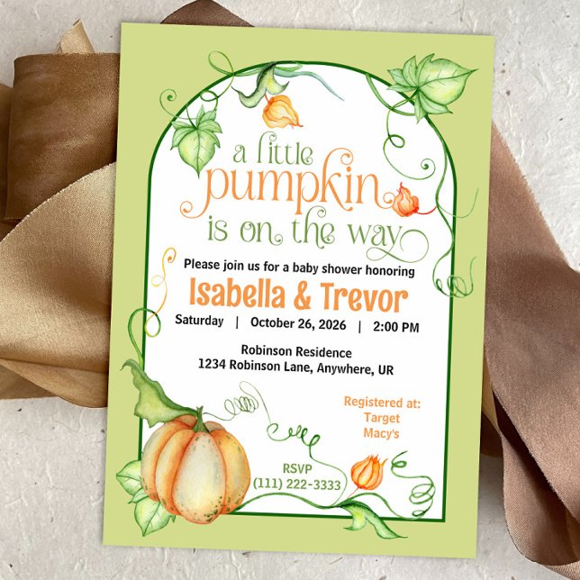 Little Pumpkin Herbst Geschlecht Neutral Baby Dusc Einladung (Little Pumpkin on the Way Autumn Baby Shower Fairytale Invitation)