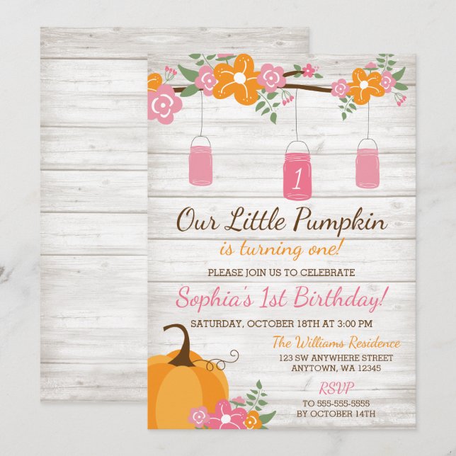 Little Pumpkin Mason Jars Fall Girl Erster Geburts Einladung (Vorne/Hinten)