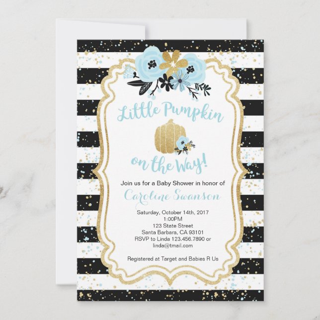 Little Pumpkin on Way- Blue and Gold- Boy Einladung (Vorderseite)
