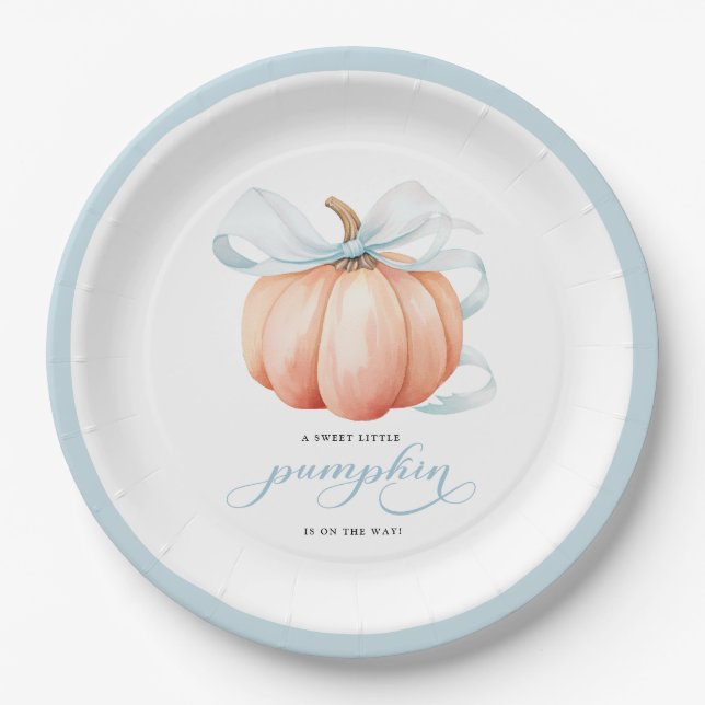 Little Pumpkin on Way Blue Bow Baby Shower Pappteller (Vorderseite)