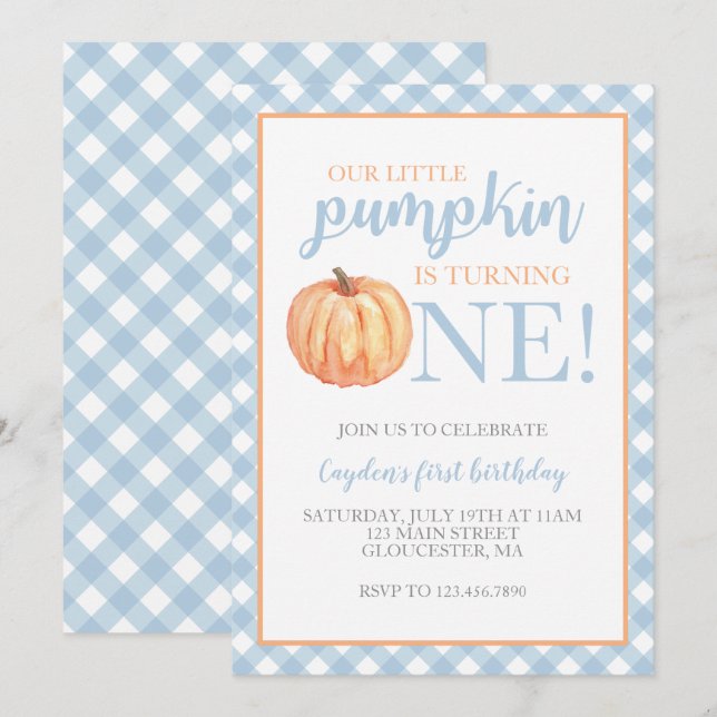 Little Pumpkin Pastel Blue Fall First Birthday Inv Einladung (Vorne/Hinten)