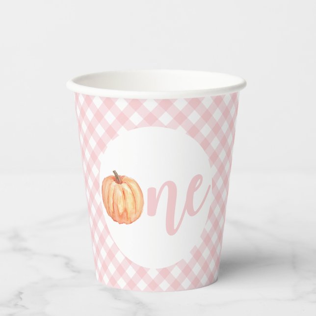 Little Pumpkin pastel rosa kariert ersten Geburtst Pappbecher (Vorderseite)