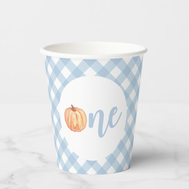 Little Pumpkin Pastellblau kariert erster Geburtst Pappbecher (Vorderseite)