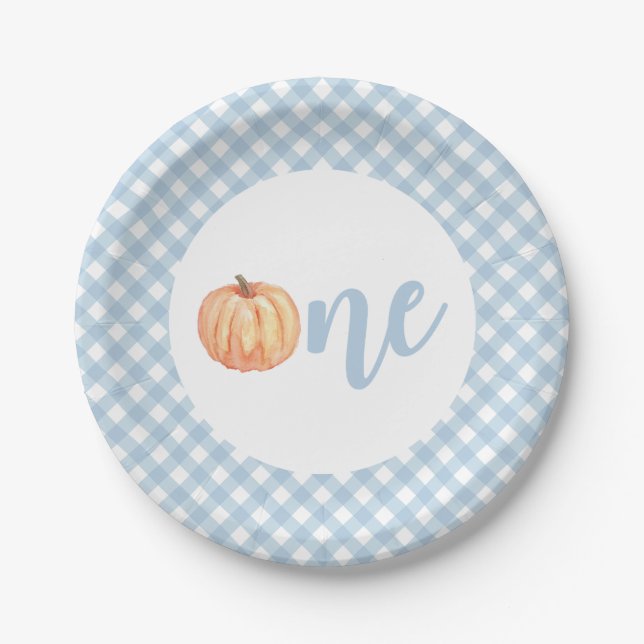 Little Pumpkin Pastellblau kariert erster Geburtst Pappteller (Vorderseite)