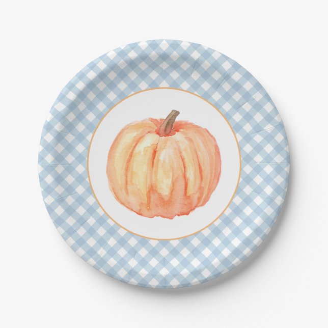 Little Pumpkin Pastellblau kariert erster Geburtst Pappteller (Vorderseite)