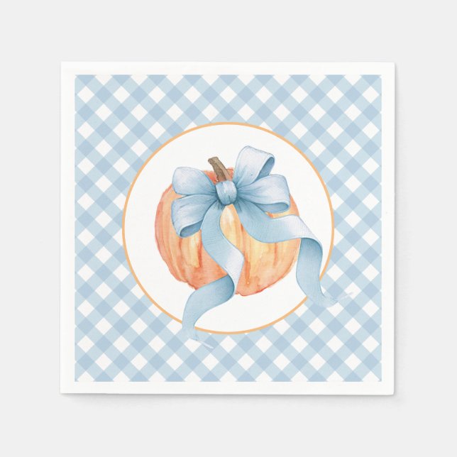 Little Pumpkin Pastellblau kariert erster Geburtst Serviette (Vorderseite)