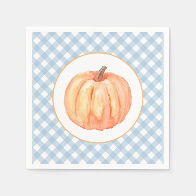 Little Pumpkin Pastellblau kariert erster Geburtst Serviette (Vorderseite)