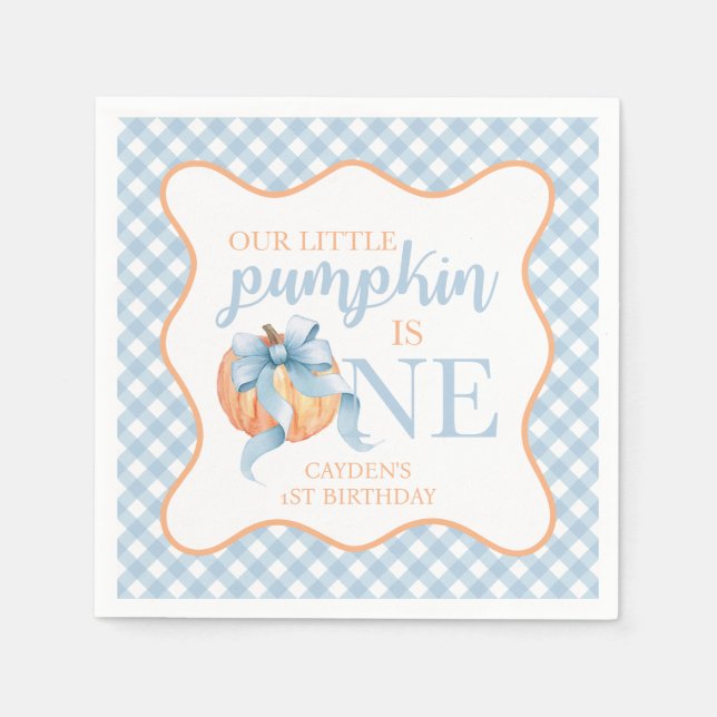 Little Pumpkin Pastellblauer Bogen kariert 1. Gebu Serviette (Vorderseite)