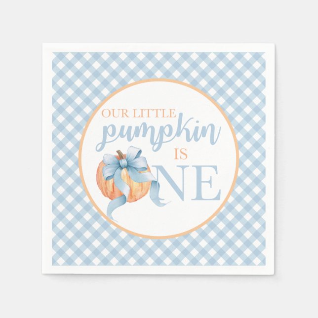 Little Pumpkin Pastellblauer Bogen kariert 1. Gebu Serviette (Vorderseite)