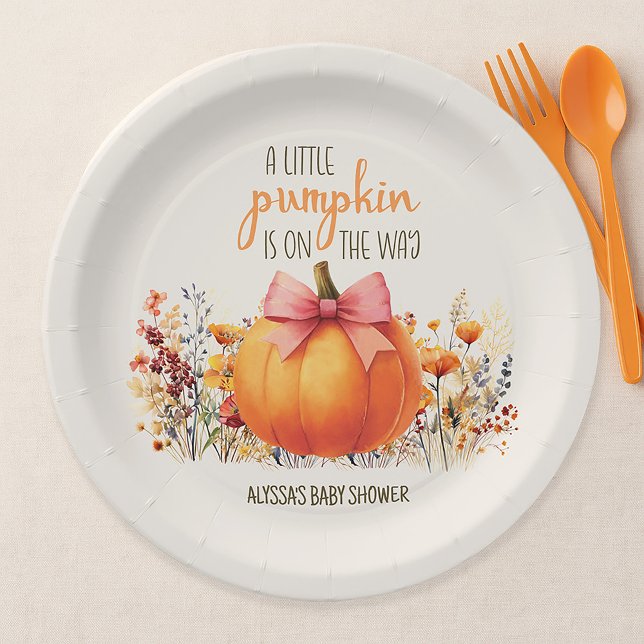 Little Pumpkin Pink Bow Baby Girl Dusche Pappteller (Little Pumpkin baby girl shower paper plates)