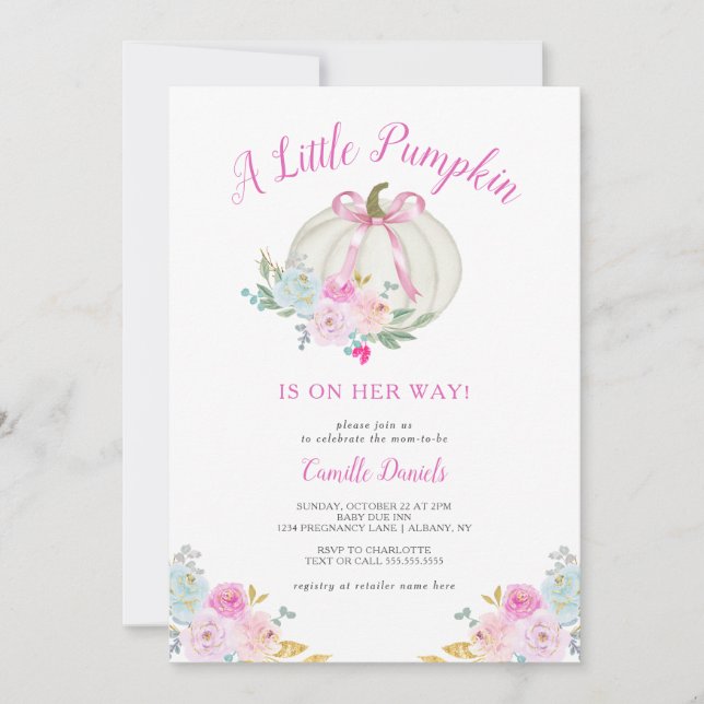 Little Pumpkin Pink Bow Girl Babydusche Einladung (Vorderseite)