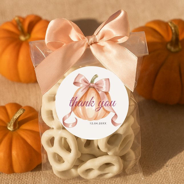 Little Pumpkin Pink Bow Thankyou Baby Dusche Runder Aufkleber (Von Creator hochgeladen)