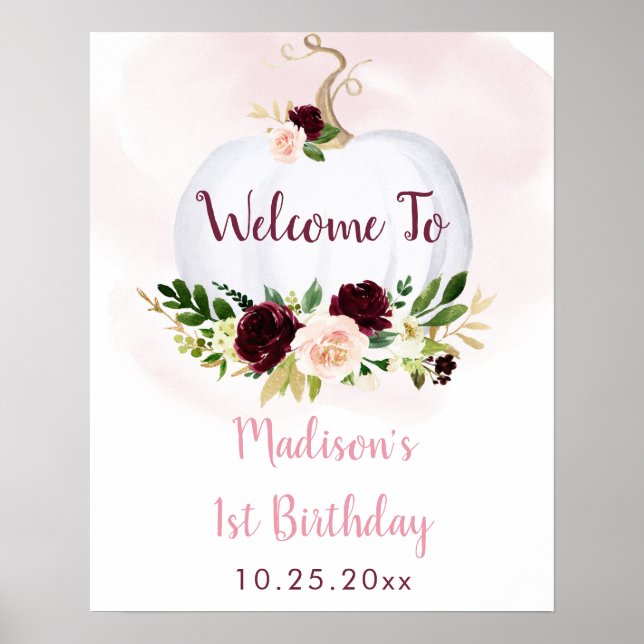 Little Pumpkin Pink Burgundy Birthday Welcome Poster (Vorne)