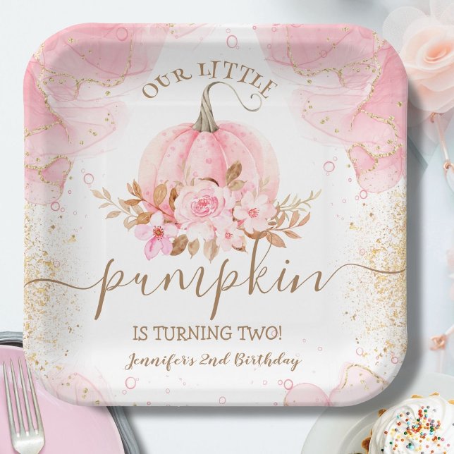 Little Pumpkin Pink Floral Girl Herbst 2. Geburtst Pappteller (Von Creator hochgeladen)