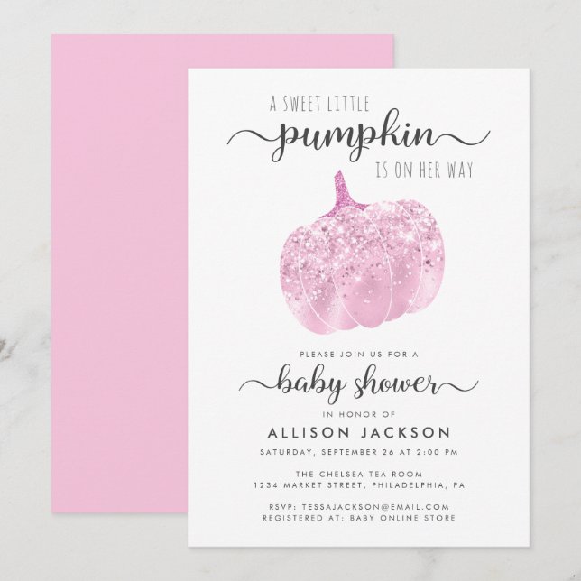 Little Pumpkin Pink Glitzer Sparkle Kinderdusche Einladung (Vorne/Hinten)