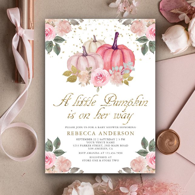 Little Pumpkin Pink Gold Floral Baby Dusche Einladung (Von Creator hochgeladen)