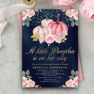 Little Pumpkin Pink Gold Floral Navy Baby Dusche Einladung