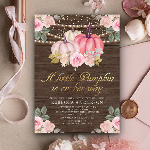 Little Pumpkin Pink Gold Floral Wood Baby Dusche Einladung