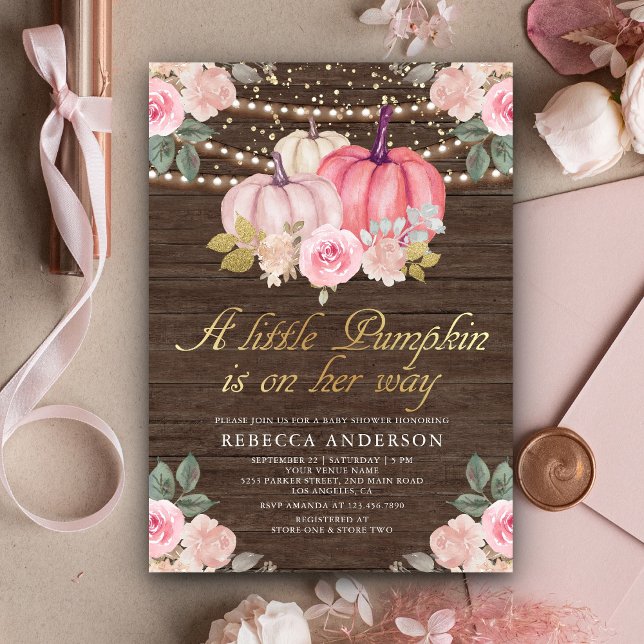Little Pumpkin Pink Gold Floral Wood Baby Dusche Einladung (Von Creator hochgeladen)