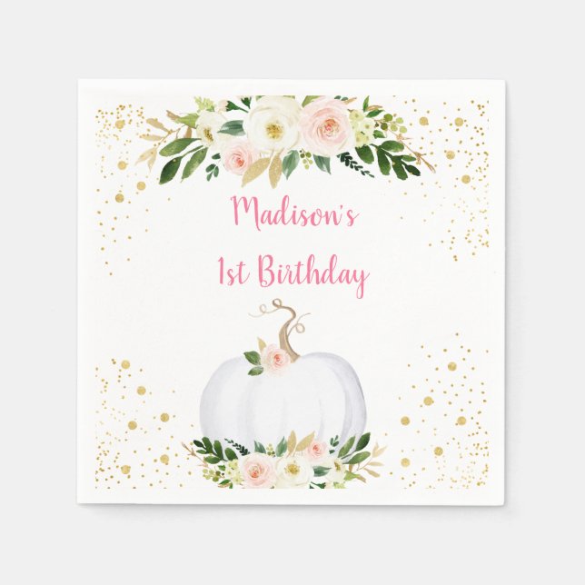 Little Pumpkin Pink Gold Geburtstag Serviette (Vorderseite)