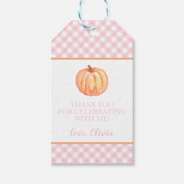 Little Pumpkin Pink karierter erster Geburtstag Geschenkanhänger (Vorderseite)