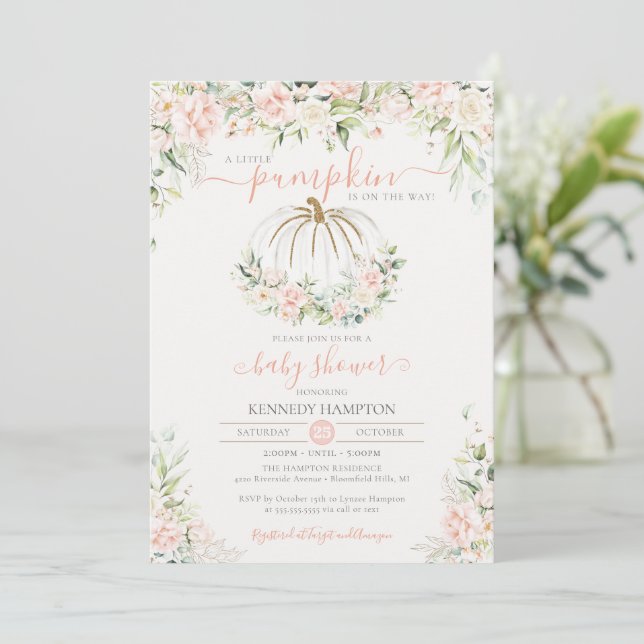 Little Pumpkin Pink Rose Fall Girl Babydusche Einladung (Stehend Vorderseite)