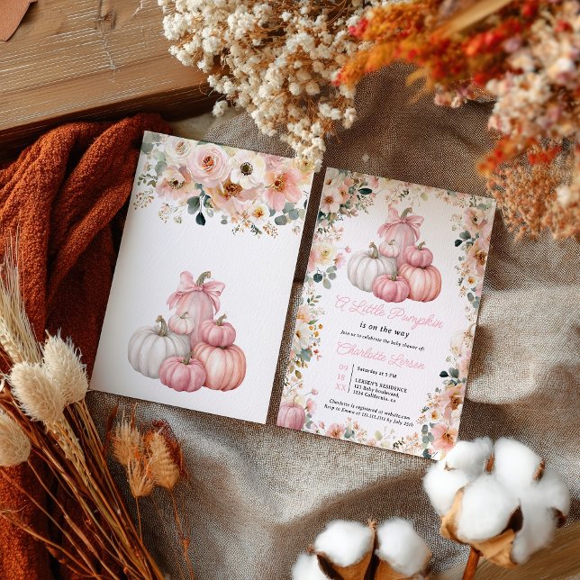 Little Pumpkin Pink Stack Fall Floral Baby Dusche Einladung (Little Pumpkin Pink Stack Fall Floral Baby Shower Invitation)