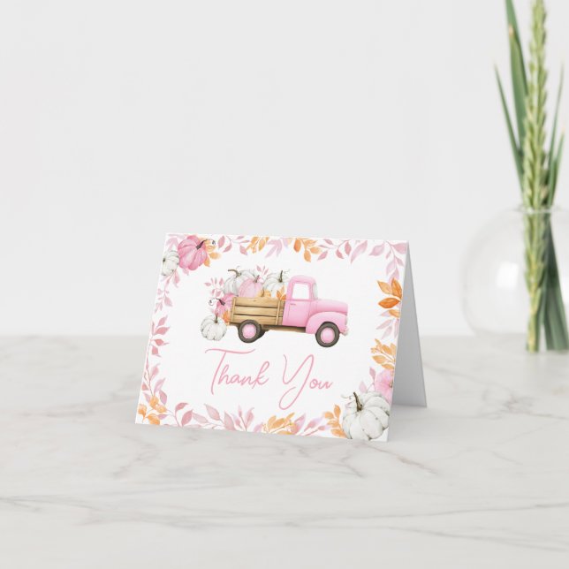 Little Pumpkin Pink Truck Fall Baby Dusche Dankeskarte (Vorderseite)