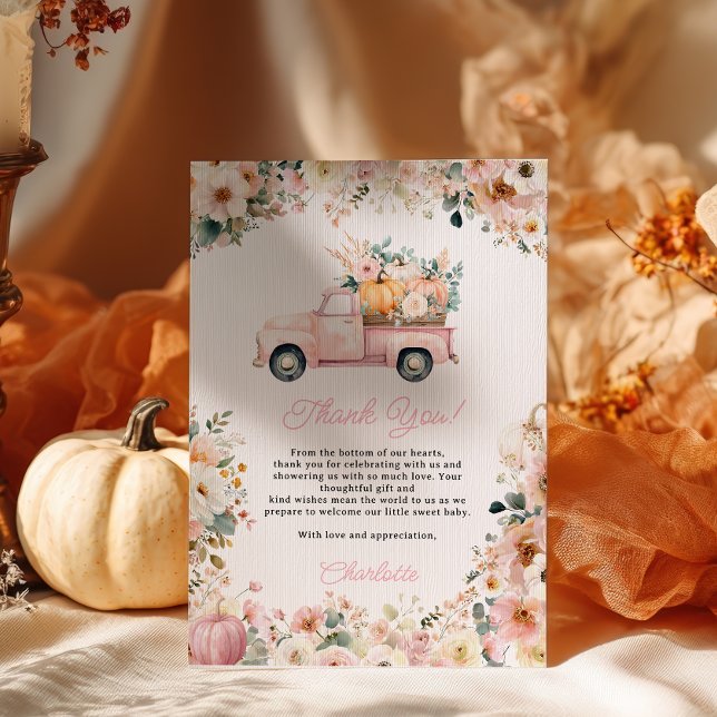 Little Pumpkin Pink Truck Fall Floral Baby Dusche Dankeskarte (Little Pumpkin Pink Truck Fall Floral Baby Shower Thank You Card)