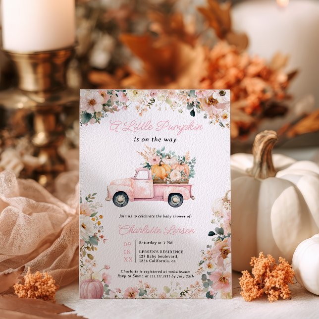 Little Pumpkin Pink Truck Fall Floral Baby Dusche Einladung (Little Pumpkin Pink Truck Fall Floral Baby Shower Invitation)