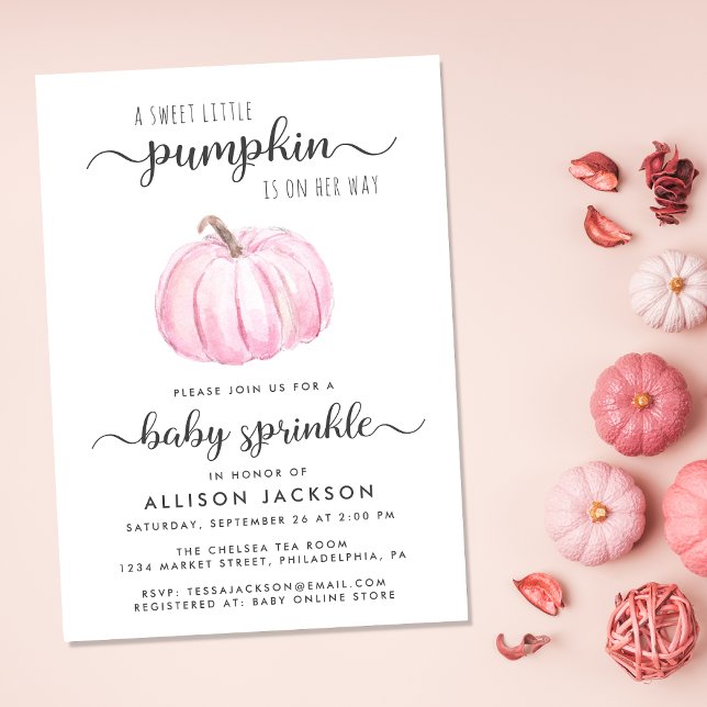 Little Pumpkin Pink Watercolor Baby Sprinkle Einladung (Celebrate the upcoming arrival of your sweet little autumn baby with a pumpkin-themed baby sprinkle)